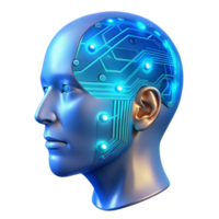 stunning contemporary A transparent human head with visible circuitry and data streams flowing through the brain, illuminated by a cool blue light. Cyberpunk style high quality png