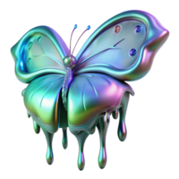 vibrant traditional A melting clock dripping onto a giant, iridescent butterfly, illuminated by bioluminescent flora. Art Deco style original png