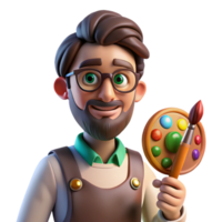 wonderful artistic Portrait of a passionate artist with a paintbrush in hand, splattered with paint, lit by natural light from a window, in an expressive style professional png