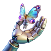 vibrant contemporary A robotic hand, with intricate gears and pistons, reaches out to grasp a shimmering, holographic butterfly. Chiaroscuro lighting authentic png