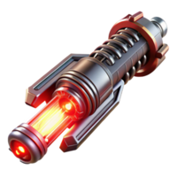 elegant modern A futuristic weapon, sleek and metallic with glowing energy coils and intricate engravings, levitating in mid-air, illuminated by a dramatic red light in a sci-fi style original png