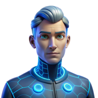 beautiful vintage Portrait of a cyborg with glowing blue circuitry embedded in their skin, lit by a pulsating neon grid, in a futuristic style high resolution png