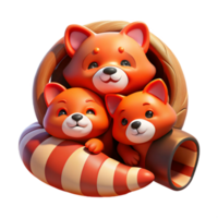 stunning contemporary A family of red pandas curled up in a hollow log, warm, soft lighting, storybook illustration style high resolution png
