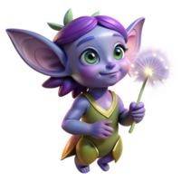 beautiful creative A mischievous pixie with glowing lavender eyes, holding a dandelion seedhead, lit by fireflies in a twilight forest. Digital painting style genuine png
