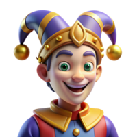 stunning vintage Portrait of a mischievous jester with colorful makeup and a bells-adorned hat, illuminated by stage lighting, in a Renaissance style professional png