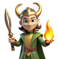 stunning abstract A cunning Loki, the Norse trickster god, with a mischievous grin, holding a flaming sword, illuminated by flickering firelight. Norse style authentic png