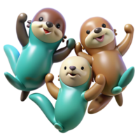 elegant artistic A group of playful sea otters holding hands while floating on their backs, bright, cheerful lighting, adorable, cartoon style, high resolution png