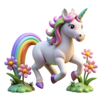 wonderful artistic A playful unicorn prancing through a field of wildflowers, rainbow lighting, fantasy art, whimsical style authentic png
