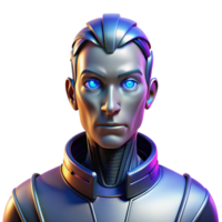 beautiful abstract Portrait of a futuristic android with sleek metallic features, glowing eyes, and a stoic expression, lit by neon lights, in a cyberpunk art style genuine png