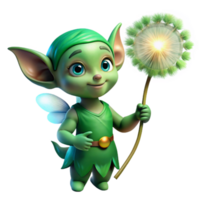 lindo rústico uma pernicioso duende com brilhando verde olhos, segurando uma dente de leão cabeça de semente, iluminado de uma eixo do luz solar filtrando através floresta marquise. sonhe como, pintor estilo autêntico png