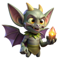 extraordinary modern A mischievous imp with bat-like wings and pointed ears, holding a stolen gemstone, illuminated by a flickering candle. Dark fantasy style premium png