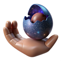 magnificent rustic A human hand emerging from a cracked eggshell holding a miniature galaxy. Chiaroscuro lighting professional png