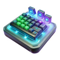 impressive contemporary A levitating holographic keyboard projecting complex code, glowing keys and ethereal symbols, dark background with neon green highlights, cyberpunk style original png