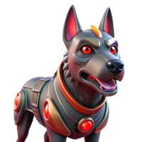 magnificent artistic A genetically modified canine with glowing red eyes and cybernetic implants, guarding a futuristic warehouse, its fur bristling with aggression exclusive png