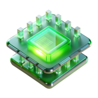 Maravilhoso criativo uma levitando transparente computador lasca com intrincado circuitos, iluminado de brilhando verde luz, dentro uma minimalista estilo Alto resolução png