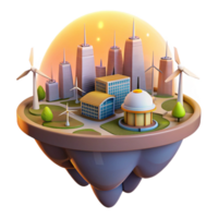 elegant creative A floating island city powered by wind turbines and solar panels, bathed in the warm glow of sunrise, in a utopian style detailed png