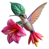 serene classic A hummingbird hovering near a vibrant fuchsia flower, dew-kissed petals sparkling in the morning sun, macro photography style genuine png