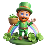 dramatic traditional A mischievous leprechaun, with a pot of gold at his feet, hiding amongst a patch of four-leaf clovers, lit by a rainbow. Cartoon style genuine png