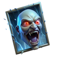 extraordinary creative A distorted, demonic face peering through a broken window, illuminated by lightning, with rain streaming down the glass. Supernatural horror style detailed png