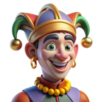 extraordinary vintage Portrait of a mischievous jester with colorful makeup and a bells-adorned hat, illuminated by stage lighting, in a Renaissance style exclusive png