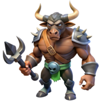 dramatic classic A fierce minotaur with the head of a bull and the body of a man, wielding a battleaxe, dark, dramatic lighting. Dark fantasy style high quality png