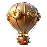wonderful contemporary A steampunk-inspired hot air balloon, adorned with brass rivets, gears, and propellers, lit by the warm glow of a setting sun. Impressionist style authentic png