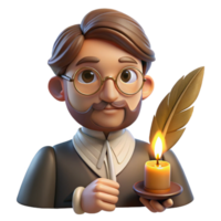 serene abstract Portrait of a pensive writer with spectacles and a quill pen, illuminated by warm candlelight, in a vintage style premium png