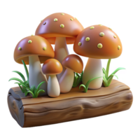 stunning rustic A group of mushrooms growing on a log, forest floor setting, soft lighting, realistic style authentic png