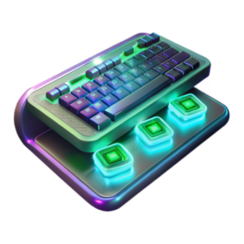 magnificent traditional A levitating holographic keyboard projecting complex code, glowing keys and ethereal symbols, dark background with neon green highlights, cyberpunk style high quality png