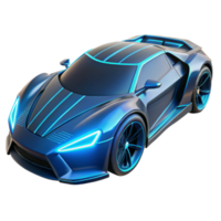 magnificent rustic A futuristic sports car with glowing neon blue lines, hovering above the ground, sleek and aerodynamic design, cyberpunk style high quality png