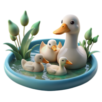 wonderful artistic A family of ducks swimming in a pond, serene setting, realistic style genuine png