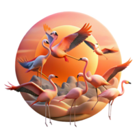 elegant creative A flock of flamingos taking flight against a fiery sunset, vibrant and dramatic, nature photography style high quality png