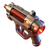 elegant minimalist A futuristic weapon, sleek and metallic with glowing energy coils and intricate engravings, levitating in mid-air, illuminated by a dramatic red light in a sci-fi style exclusive png