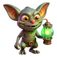 beautiful minimalist A mischievous gremlin, with glowing green eyes, tinkering with a miniature clockwork contraption, lit by the warm glow of a lamp. Cartoon style professional png