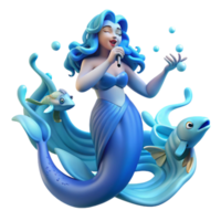 stunning classic A serene siren, with scales of pearlescent blue, singing an enchanting melody, surrounded by swirling schools of bioluminescent fish. Art Nouveau style detailed png