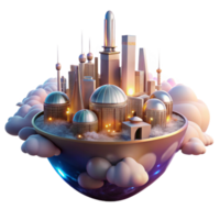 impressive abstract A futuristic city floating in the clouds, powered by glowing orbs of energy, illuminated by the warm light of the sun. Fantasy style premium png