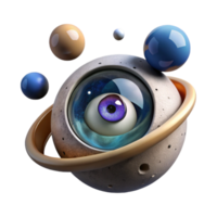 stunning creative A giant eye floating in a void, surrounded by orbiting planets made of precious stones. Surrealism style detailed png