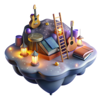 serene contemporary A floating island composed of books and musical instruments, connected by ladders of light, under a nebula sky. Digital painting style original png