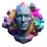 serene traditional A portrait of a human face dissolving into colorful smoke and geometric patterns, in a cubist style, high quality png