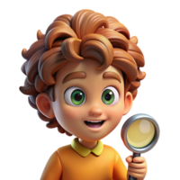 elegant rustic Portrait of a curious child with wide eyes and messy hair, holding a magnifying glass, lit by warm sunlight, in a whimsical style detailed png