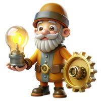 magnificent minimalist A curious gnome tinkering with clockwork gears and springs, illuminated by the warm light of a workshop lamp. Steampunk style professional png