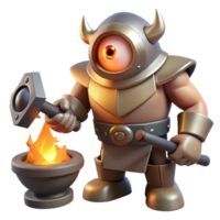 impressive vintage A stoic cyclops, with a single large eye, forging a weapon in a fiery forge, dramatic lighting, fantasy art style high quality png