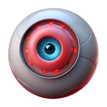 magnífico artístico uma fechar-se do uma cibernético olho, intrincado detalhes visível, brilhando vermelho íris, realista estilo exclusivo png