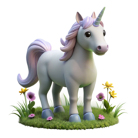 beautiful artistic A benevolent unicorn, with a horn of spiraling silver, grazing in a field of wildflowers, bathed in the soft light of dawn. Children's book illustration style high quality png