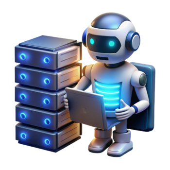 drammatico contemporaneo un' robotica bibliotecario con raggiante ottico sensori e interno dati Conservazione, organizzazione digitale libri, illuminato di il freddo leggero di un' server camera. dati visualizzazione stile originale png