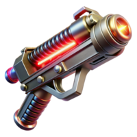 serene artistic A futuristic weapon, sleek and metallic with glowing energy coils and intricate engravings, levitating in mid-air, illuminated by a dramatic red light in a sci-fi style exclusive png