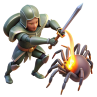 beautiful abstract A brave knight battling a giant spider, wielding a shining sword, illuminated by the flickering light of a nearby campfire. Heroic fantasy, dynamic style authentic png