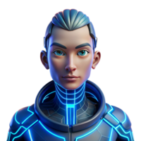 serene abstract Portrait of a cyborg with glowing blue circuitry embedded in their skin, lit by a pulsating neon grid, in a futuristic style professional png