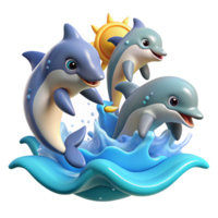 wonderful modern A group of playful dolphins leaping and spinning through the ocean waves, under a bright, sunny sky, in a joyful, cartoon style authentic png