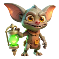 magnificent creative A mischievous gremlin, with glowing green eyes, tinkering with a miniature clockwork contraption, lit by the warm glow of a lamp. Cartoon style authentic png